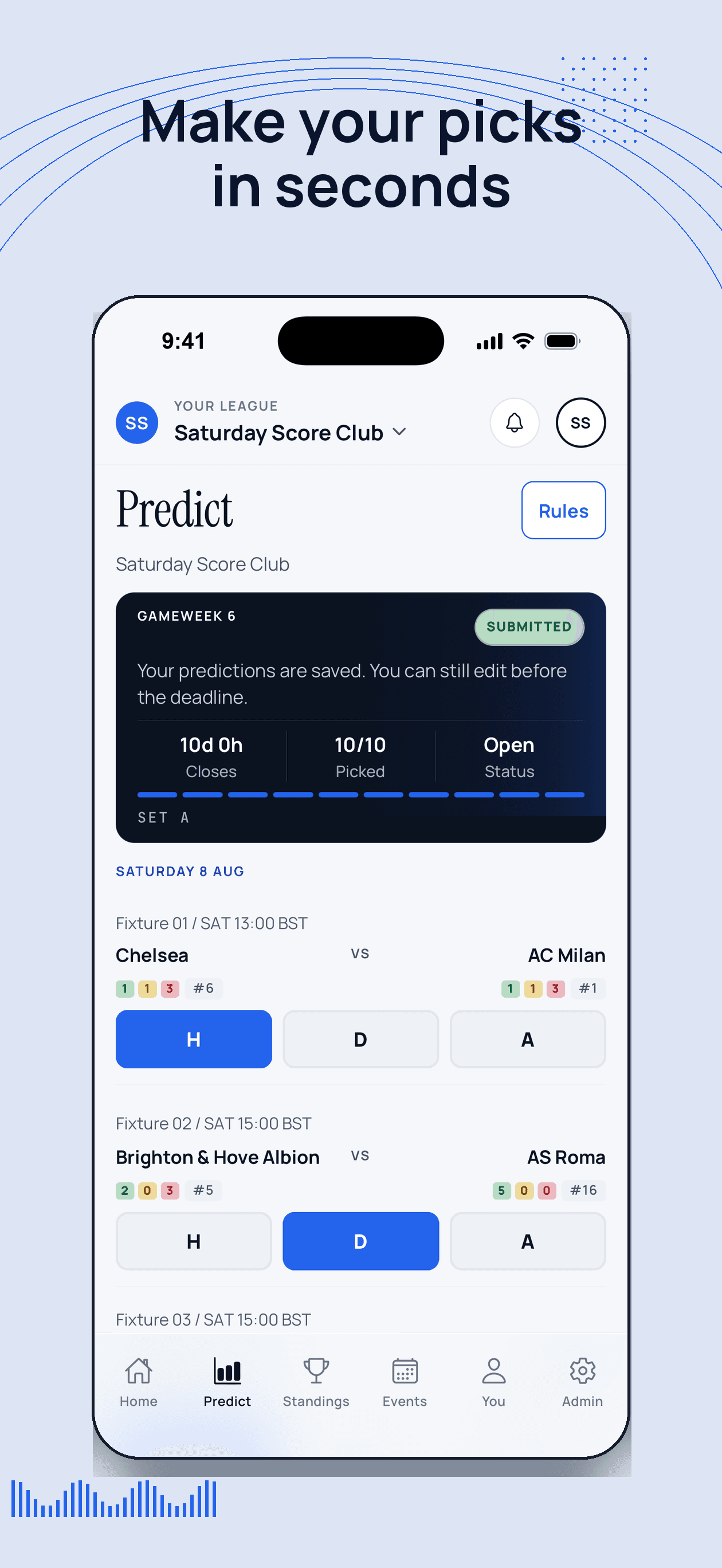 ScoreSocial mobile prediction screen with a submitted gameweek and fixture pick controls