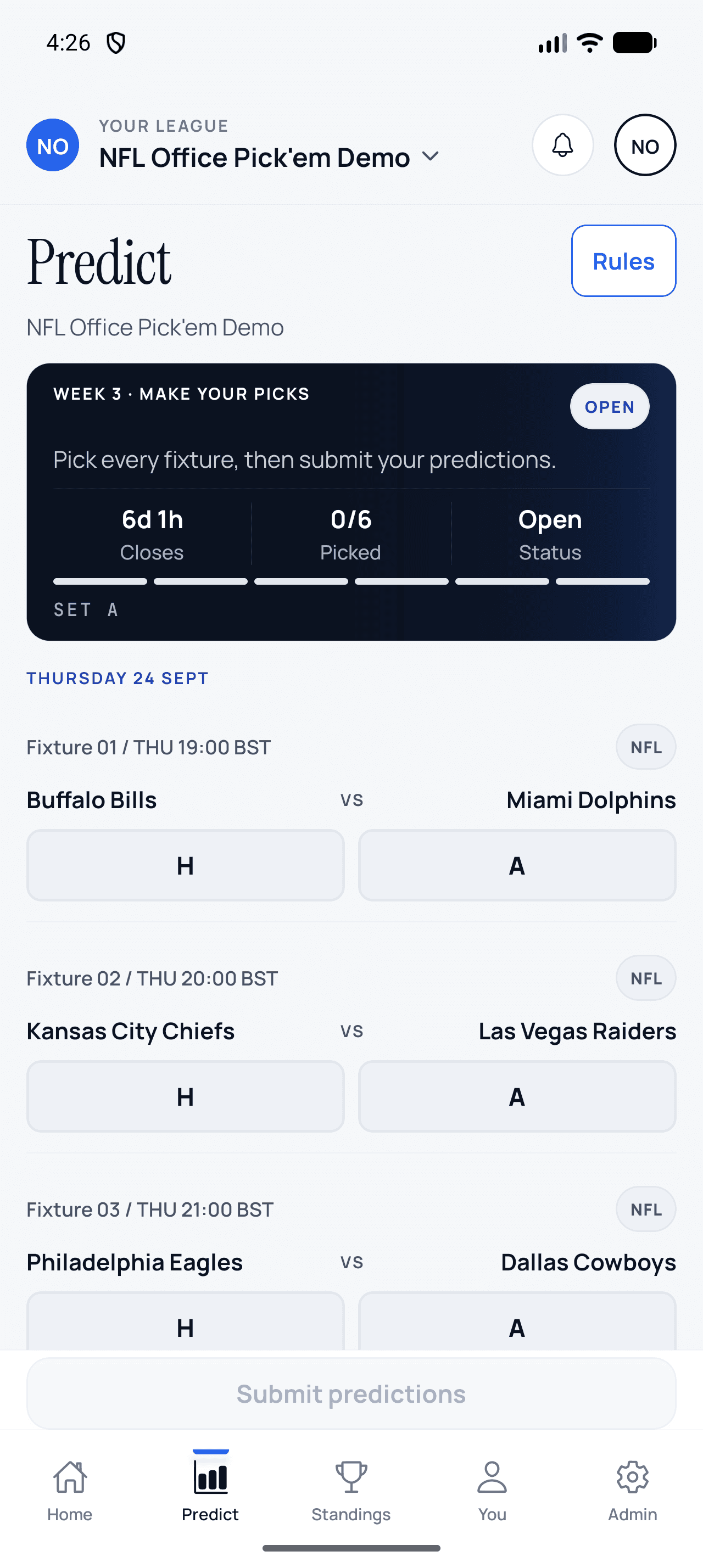 NFL winner-pick form in the ScoreSocial Android app