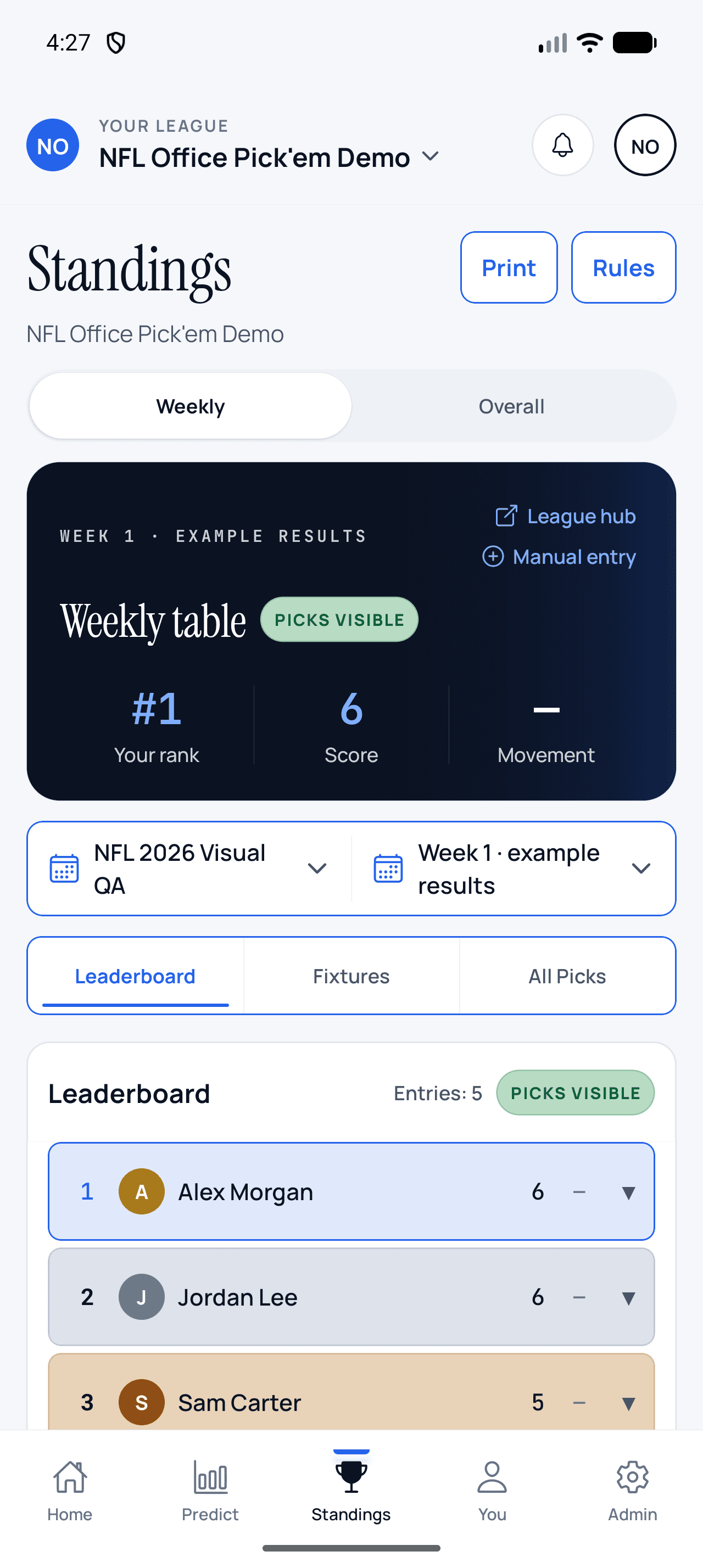 NFL weekly standings in the ScoreSocial Android app