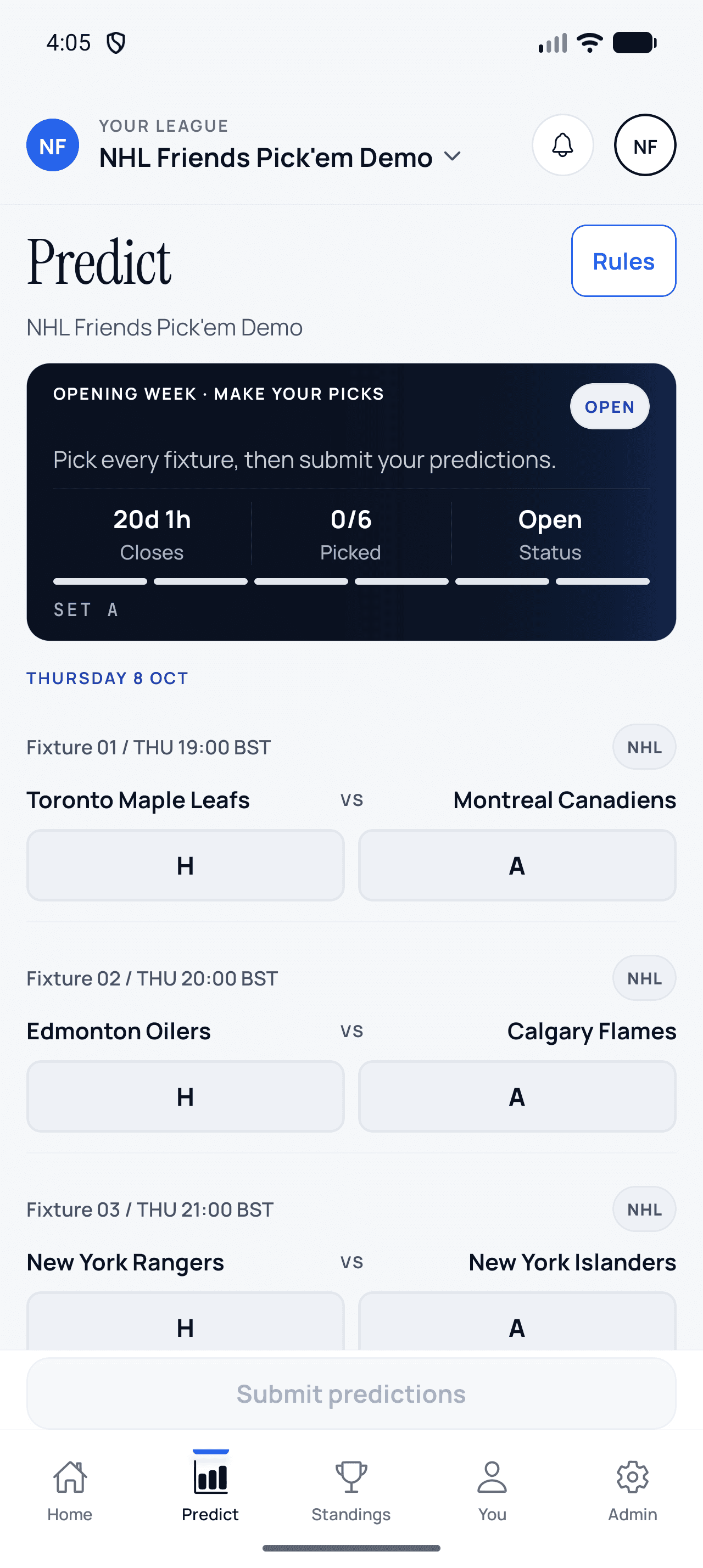 NHL winner-pick form in the ScoreSocial Android app