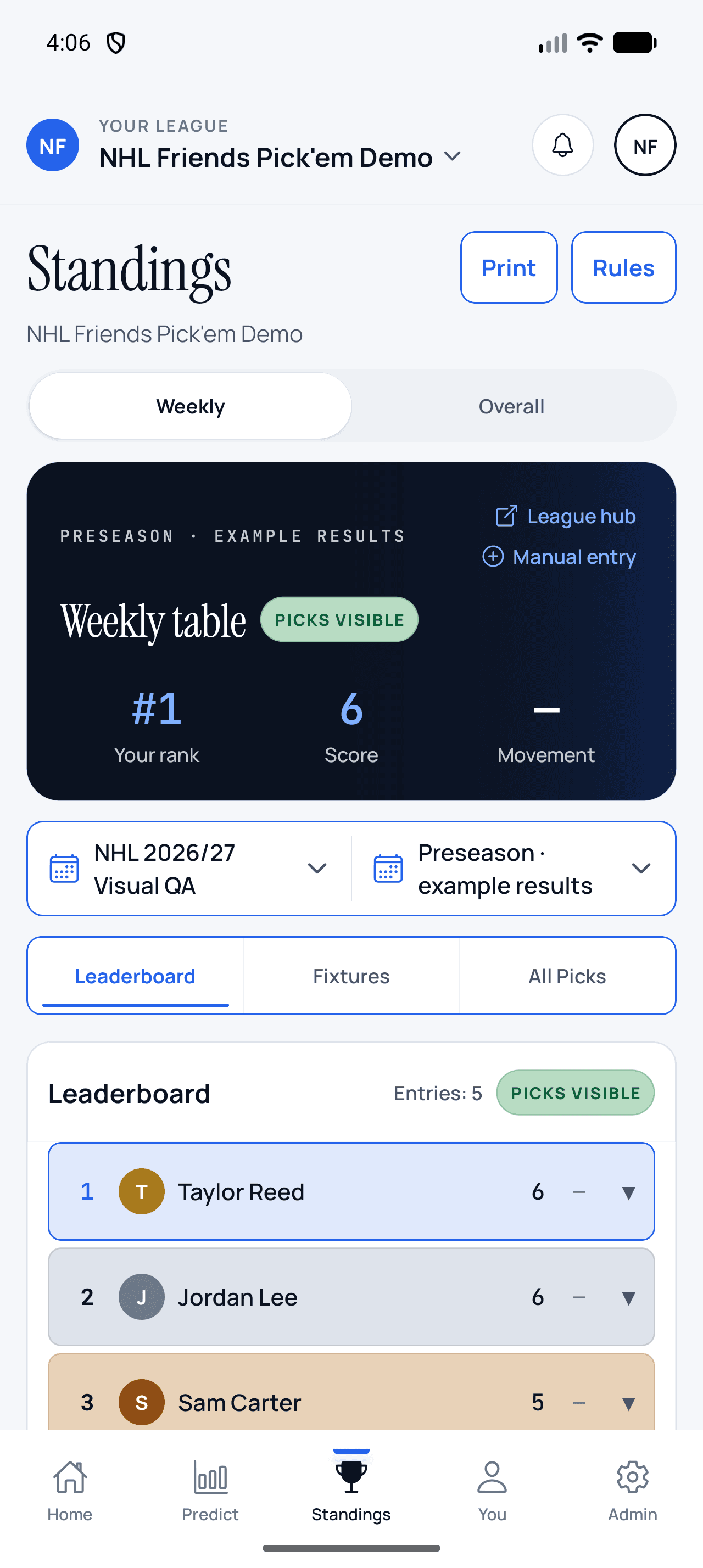 NHL weekly standings in the ScoreSocial Android app